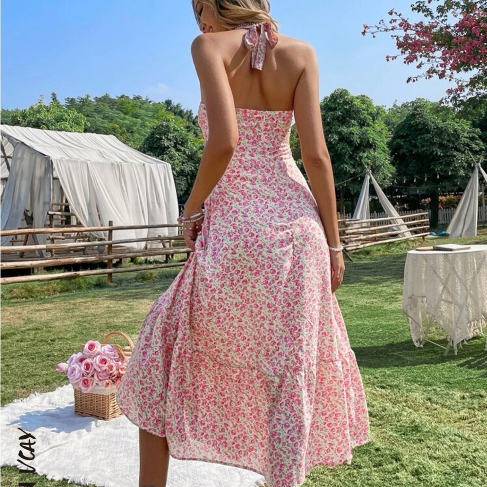 Floral Halter Midi Dress - Pink